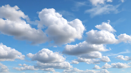 Obraz premium A serene view of fluffy white clouds drifting across a bright blue sky, creating a peaceful and calming atmosphere.