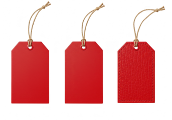 Three blank red tags with strings, one with a leather texture, isolated on a transparent background