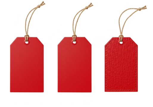 Three blank red tags with strings, one with a leather texture, isolated on a transparent background