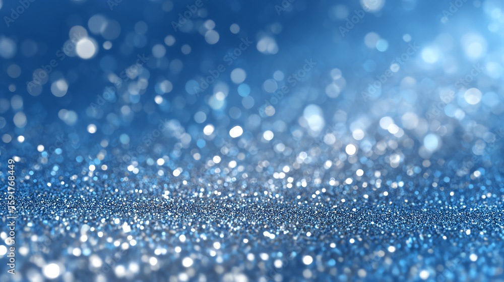 Poster a shimmering blue surface filled with sparkling particles, creating an ethereal and dreamy atmospher