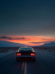 Naklejka premium Classic cars parked on a desert highway at sunset, empty space