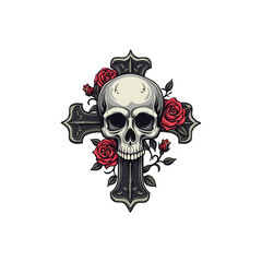 Fototapeta premium Gothic Skull with Cross and Roses Artwork Featuring Red and Black Theme