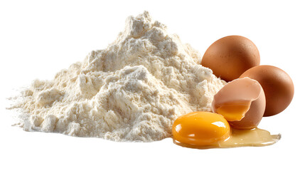 A heap of wheat flour with eggs isolated on a white background