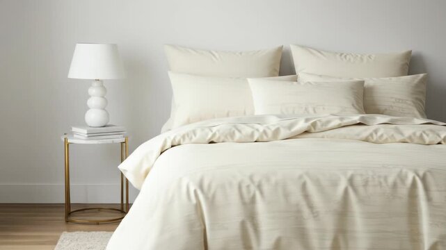 Beige bedding set on a bed with a white lamp and side table
