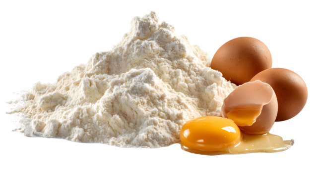 A heap of wheat flour with eggs isolated on a white background