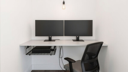 Dual monitor minimalist workstation with suspended cable tray and under desk CPU shelf in sleek compact home office nook