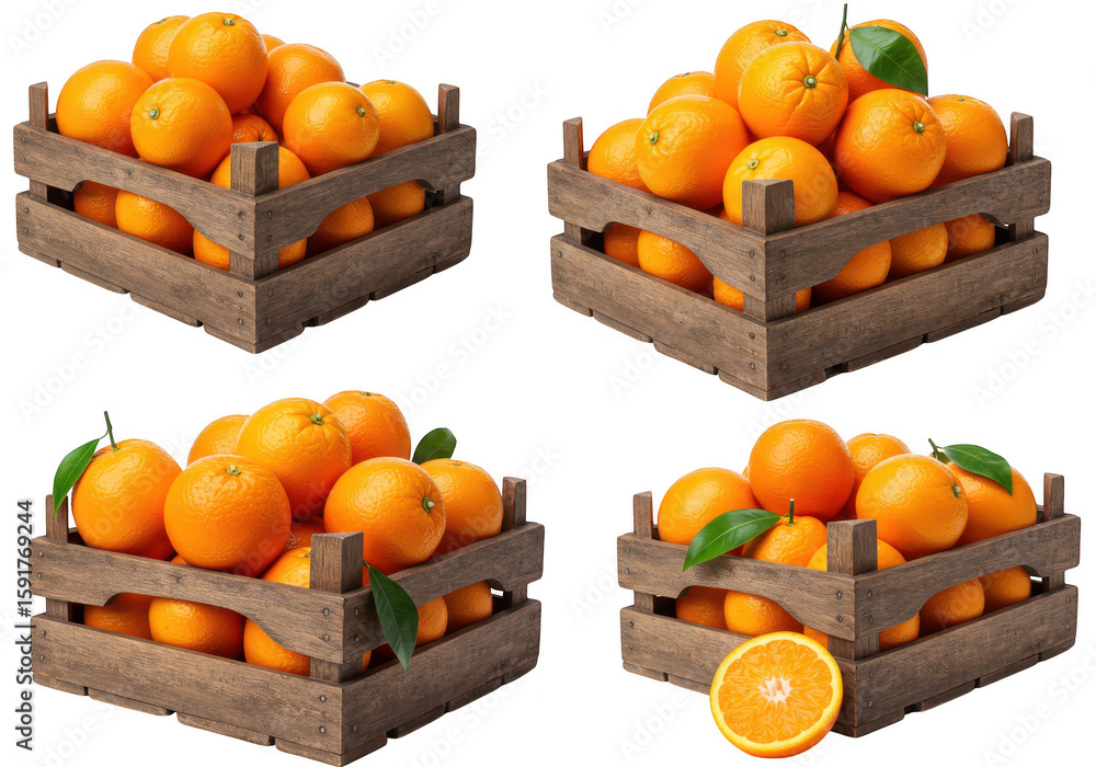 Poster four rustic wooden crates are filled with ripe oranges, with one orange sliced in half, all isolated