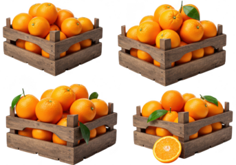 Four rustic wooden crates are filled with ripe oranges, with one orange sliced in half, all isolated on white isolated on transparent background