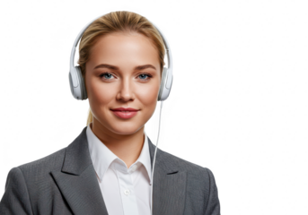 A focused young woman with blond hair wears a gray suit and headphones, looking forward in a studio, isolated on white isolated on transparent background