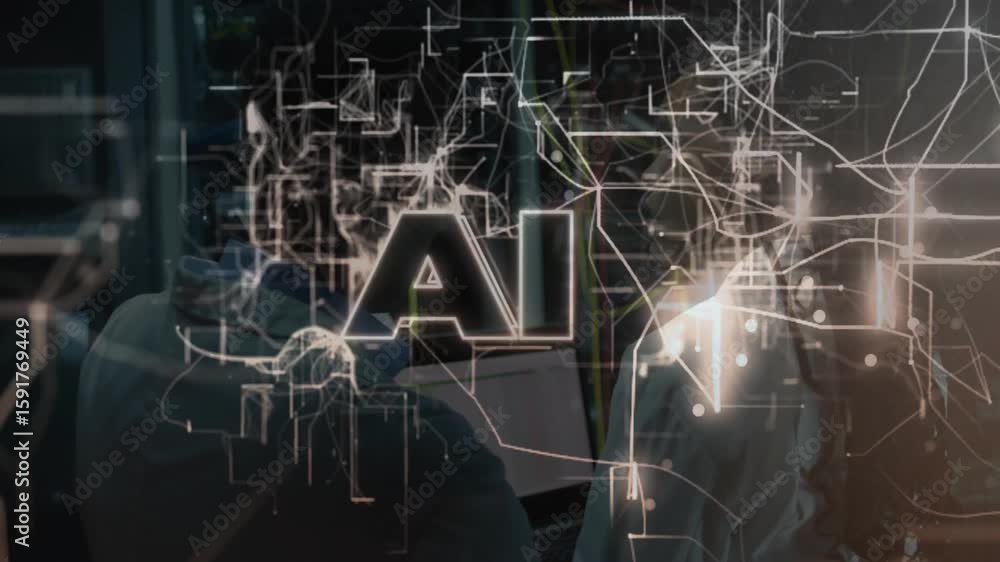 Poster it engineers reviewing data and launching circuit overlay morphing into glowing ai icon for insight