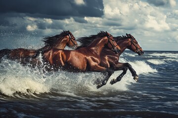 Horses galloping through ocean waves under dramatic stormy skies