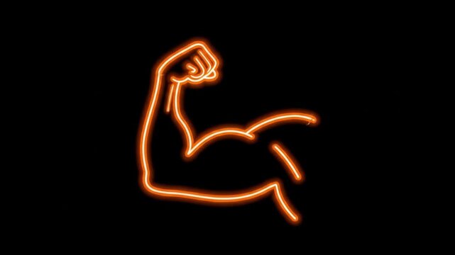 Muscle man cartoon fiery neon outline of a flexing bicep, vibrant design suitable for fitness logos, posters, and gym merch.