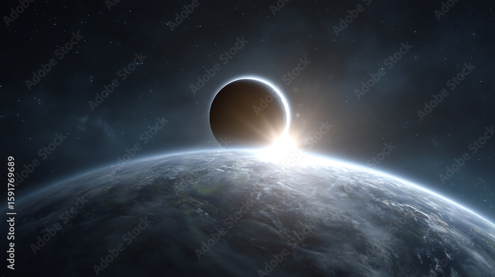 Poster a stunning view of a celestial event, featuring a planet silhouetted against a glowing sun. perfect 