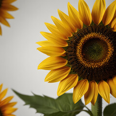 Bright Sunflower on White Background with Green Leaves