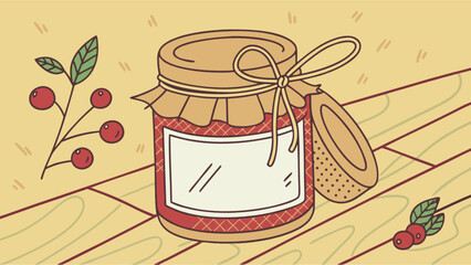 Illustration of a jam jar with a blank label and berries on a wooden surface in cartoon style