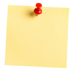 Blank light yellow paper note with red push pin isolated on transparent background