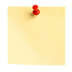 Blank light yellow paper note with red push pin isolated on transparent background