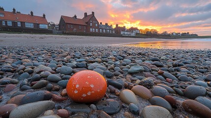 Coastal sunrise over a pebble beach with vibrant orange rock.