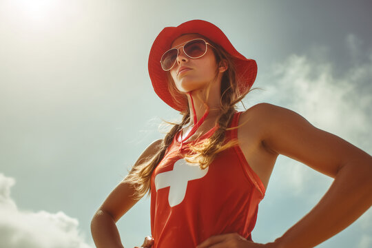Female Lifeguard in Red Uniform Standing on the Beach  
