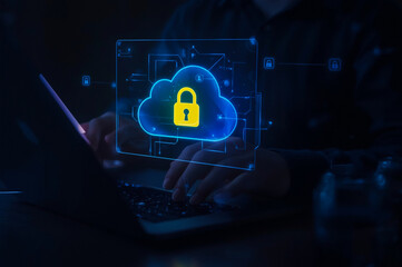 Cloud Computing and Mobile Data Security. Man using a smartphone with a secure cloud Encryption, Data Protection, and Online Connectivity for Enhanced Digital Privacy and Mobile Accessibility.