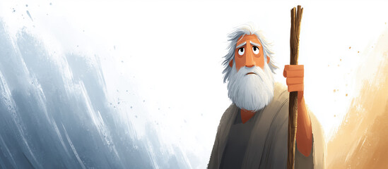 A stylized illustration of the biblical prophet Moses, looking weary but faithful with his staff. This modern cartoon banner captures the trials of the desert journey from the Book of Exodus.