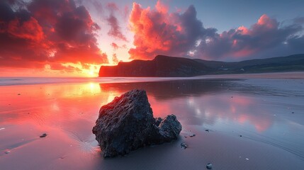 A vibrant sunset paints the coastal landscape with fiery hues.