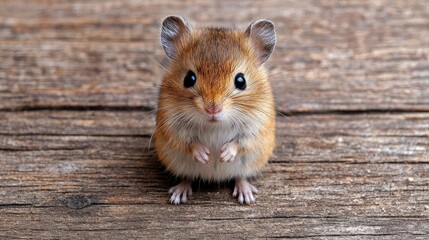 A fluffy, adorable little mouse resting on a wooden surface.