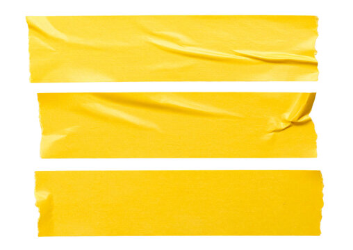 Bright yellow paper ribbon or tape strip with torn rough edges isolated on transparent background