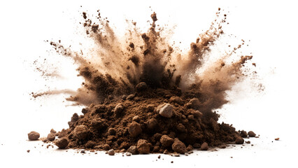 A pile of dirt and rocks explodes outward in a dynamic burst, isolated on transparent background