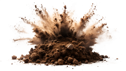 A pile of dirt and rocks explodes outward in a dynamic burst, isolated on transparent background