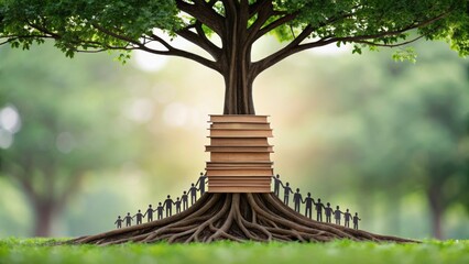 A tree with books as its trunk and figures around its roots symbolizes education and community growth.