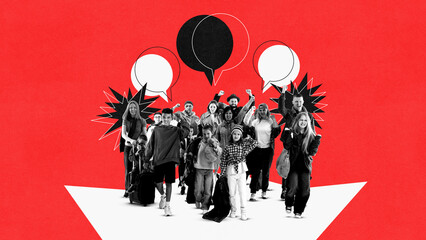 Collage of mixed-age protesting group with speech bubbles on red background. Concept of community...