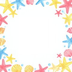 青、黄、ピンクの明るいヒトデと貝殻の水彩フレーム