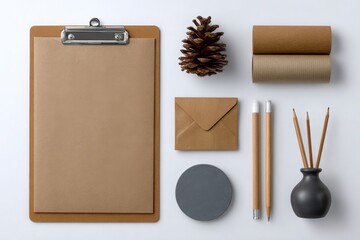 Naklejka premium Flat lay arrangement of natural and rustic stationery items including a clipboard pinecone pencils and diffuser reeds
