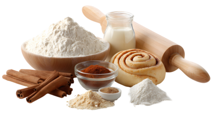 Making cinnamon rolls. Different ingredients for dough isolated on a white background