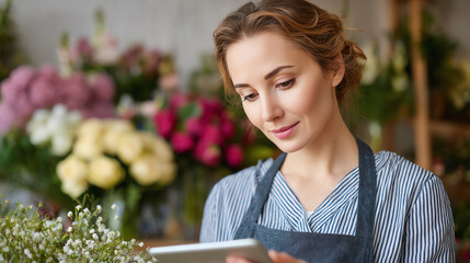 A woman florist interacting with her tablet while surrounded by colorful flowers, showcasing collaboration between technology and nature.