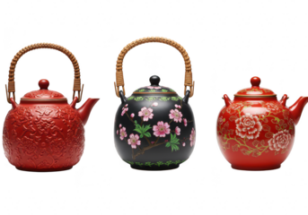 A collection of three decorative ceramic tea pots with intricate designs and floral patterns, isolated on white isolated on transparent background