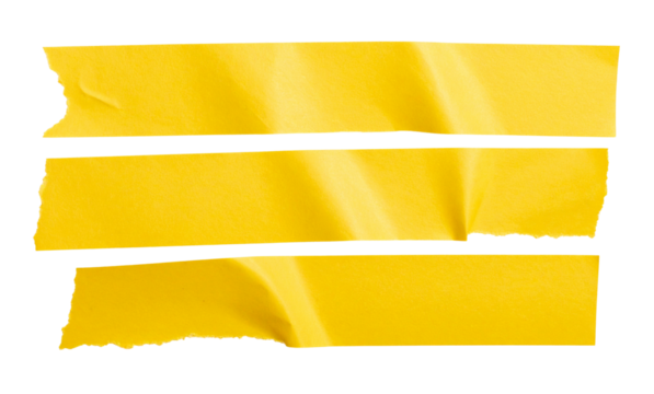 Bright yellow paper ribbon or tape strip with torn rough edges isolated on transparent background