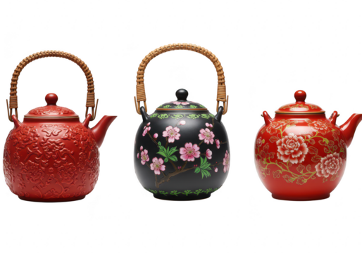 A collection of three decorative ceramic tea pots with intricate designs and floral patterns, isolated on white isolated on transparent background