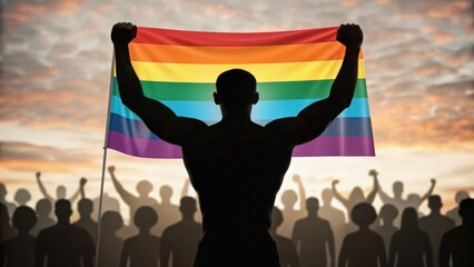 A silhouetted figure holds a rainbow flag aloft against a crowd, symbolizing pride and unity during a celebration or protest at sunset.