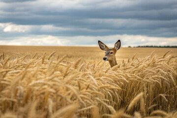 A young deer peeks through a golden wheat field on a cloudy day
