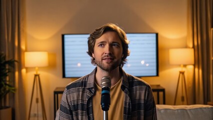 A man sings into a microphone in a cozy setting, illuminated by lamps and a television in the background.