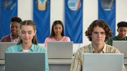 A group of diverse students focused on their laptops during a classroom session, with blue banners in the background.