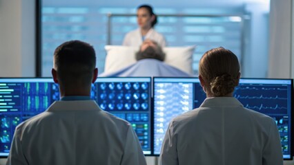 Medical professionals observe patient data on monitors while attending to a patient in a hospital setting.