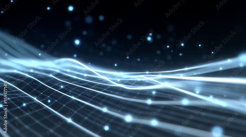Poster abstract digital wave with glowing particles, representing data flow and modern technology.