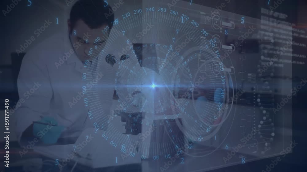 Poster male scientist positioning slide under microscope focusing and noting findings with data overlay