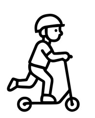 Boy riding scooter in a playful manner with helmet on  