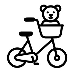 Bicycle with teddy bear sitting in front basket, vector icon set, isolated  