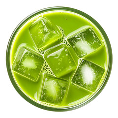 Refreshing cold matcha green tea with ice cubes in glass isolated on transparent background, top view
