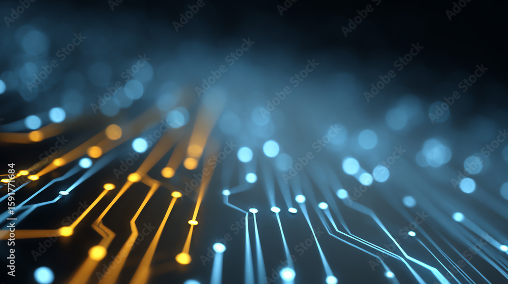 Poster abstract portrayal of a circuit board with vibrant lines and glowing lights symbolizing digital conn